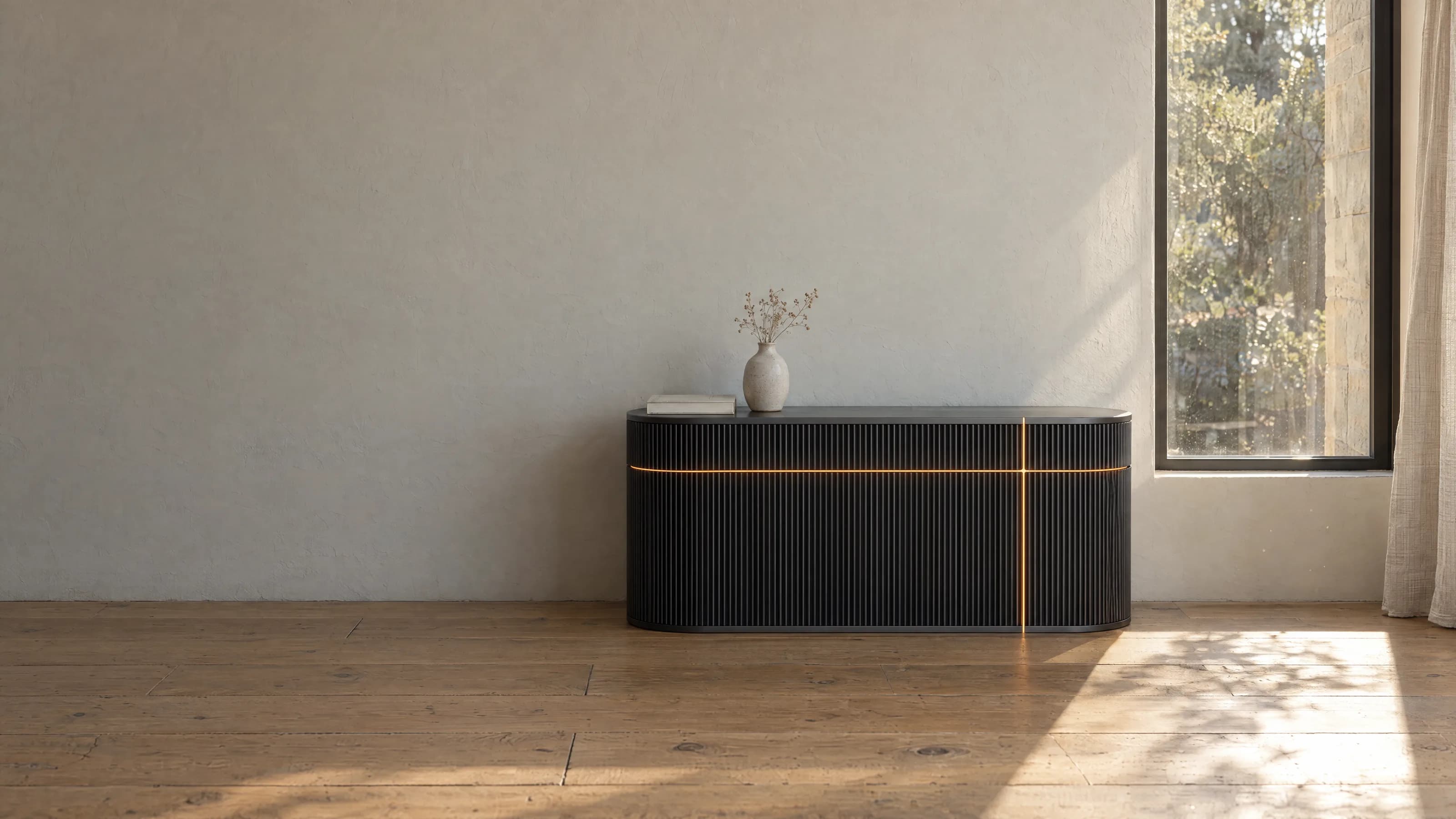 Wick Ultra in graphite against an outside wall in a living room, its cross lit