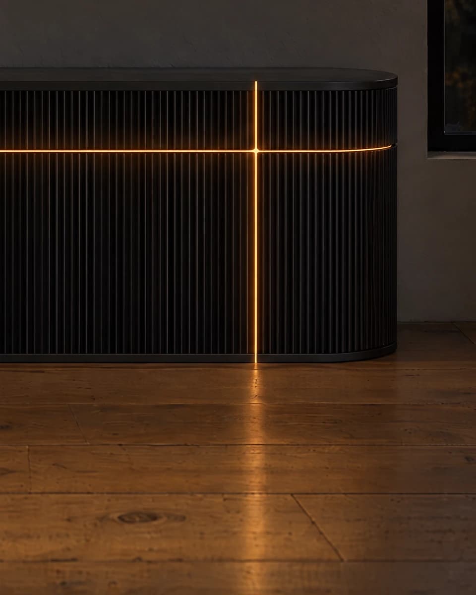 Close view of the lit cross on Wick Ultra: the horizontal arm turning around the rounded end, the vertical arm meeting the floor
