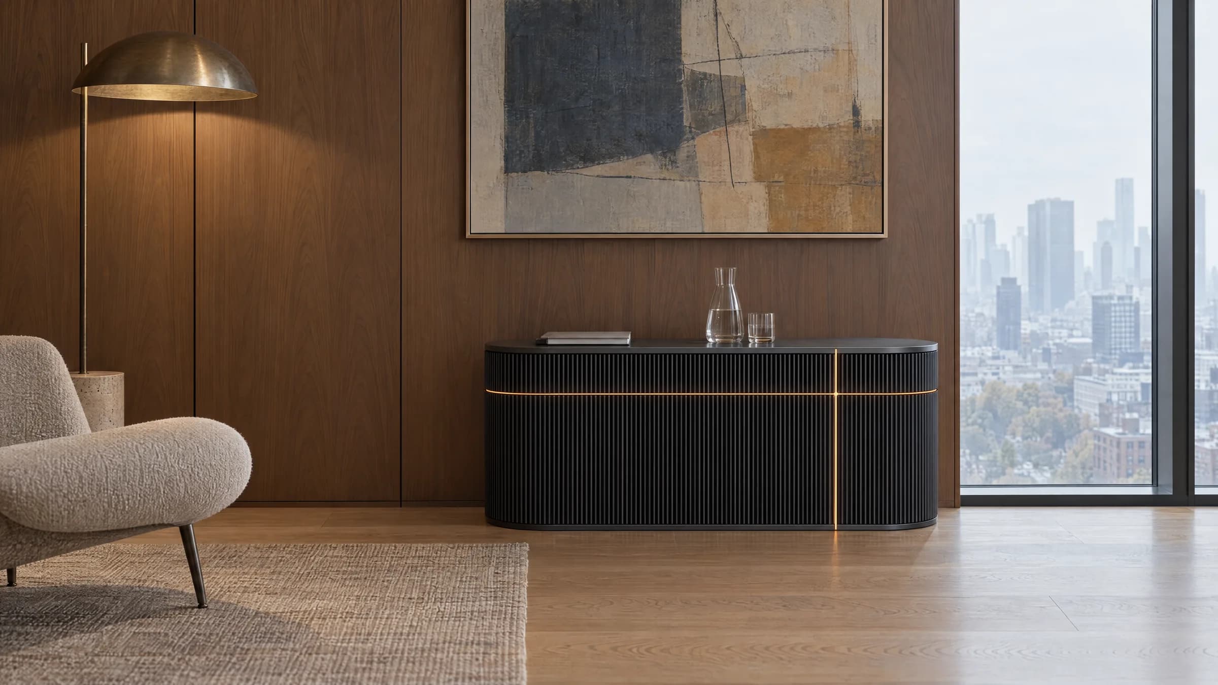 Wick Ultra in graphite against an outside wall in an office, its cross lit