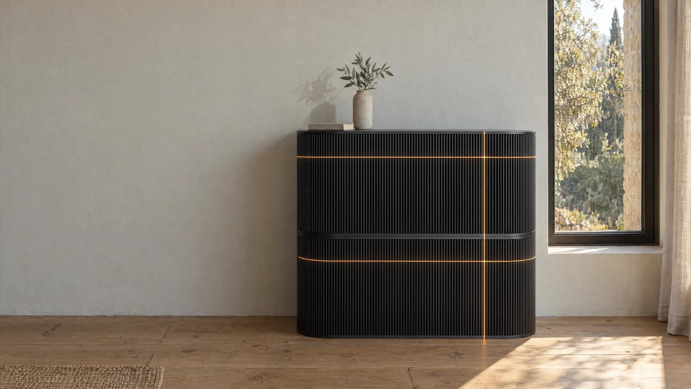 Two Wick Ultra units stacked flush into a highboard. The vertical light runs unbroken through the join