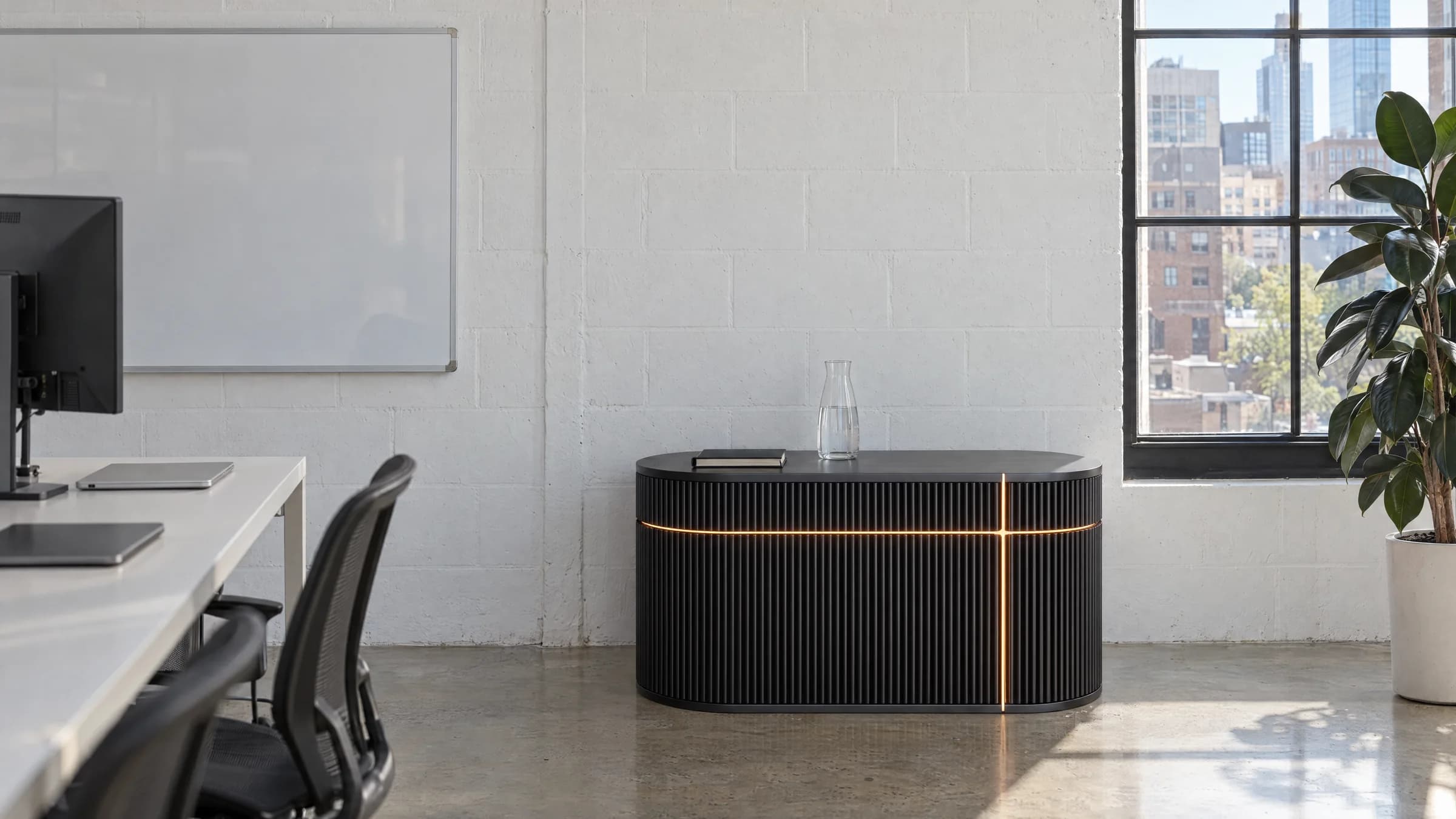 Wick Pro in graphite, in a research lab beside a long bench and a whiteboard.