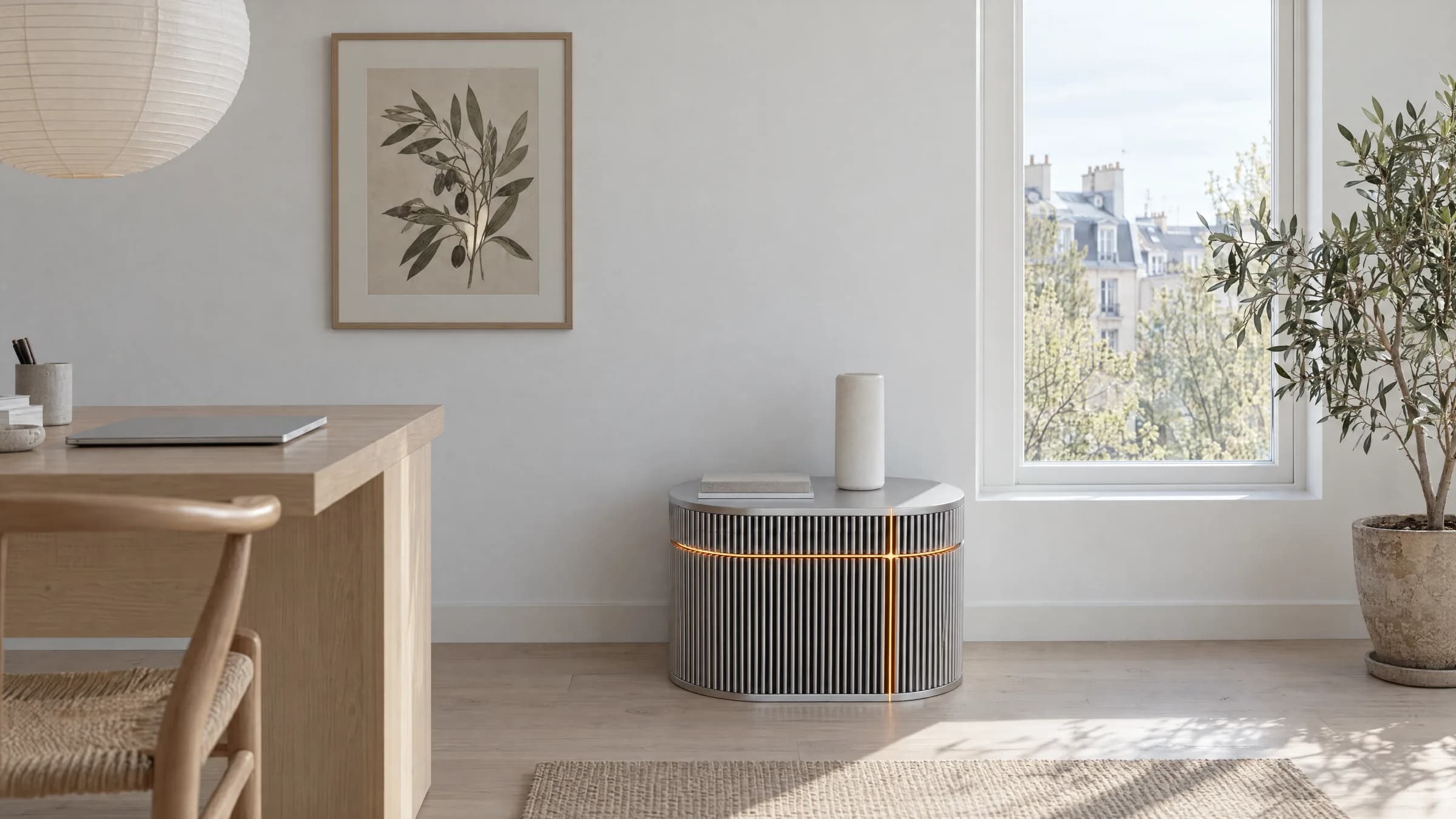 Wick in silver, in a bright home office beside an ash desk.
