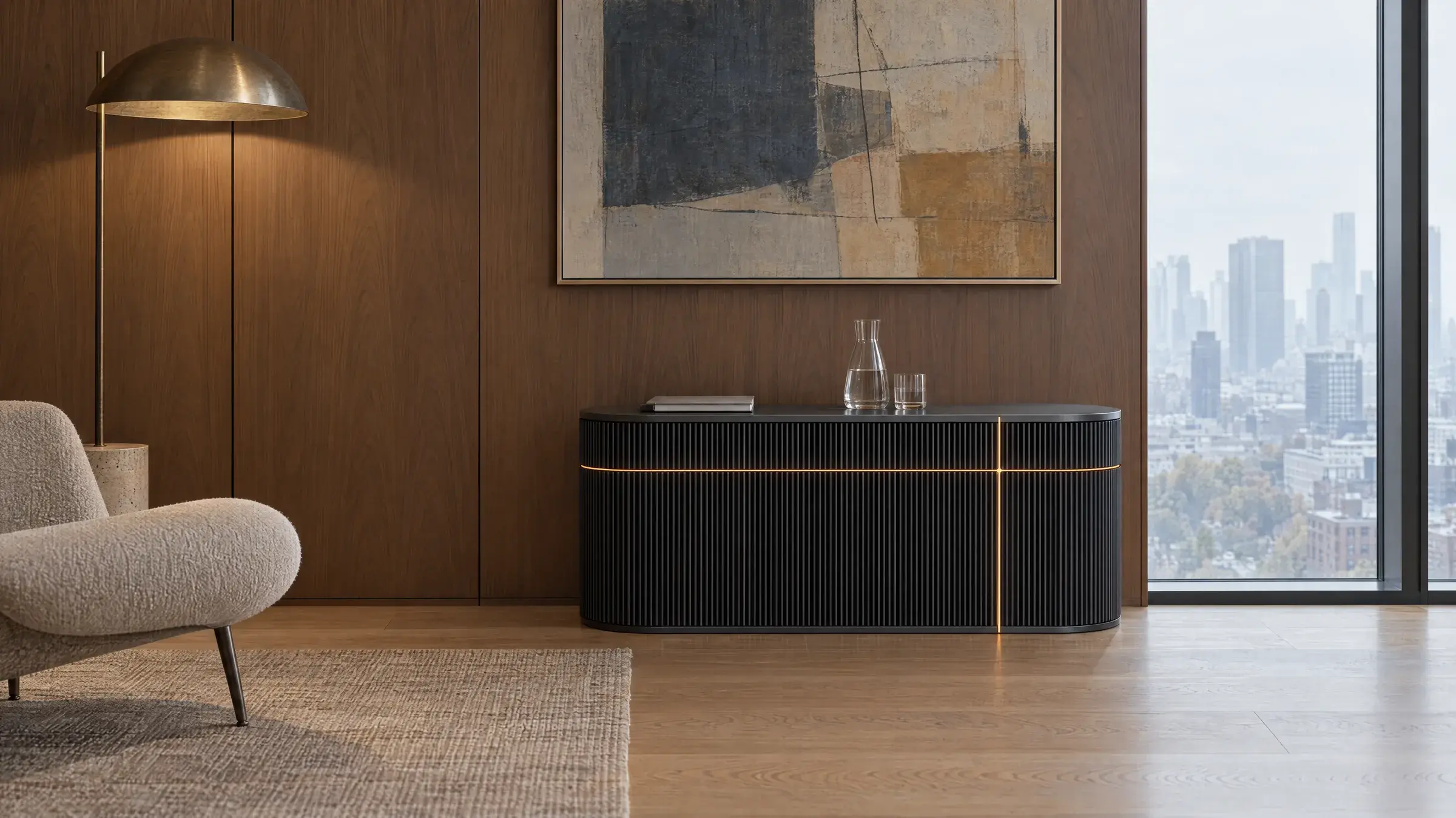 Wick Ultra in graphite against a walnut wall in a high-floor office, its lit cross near the top right
